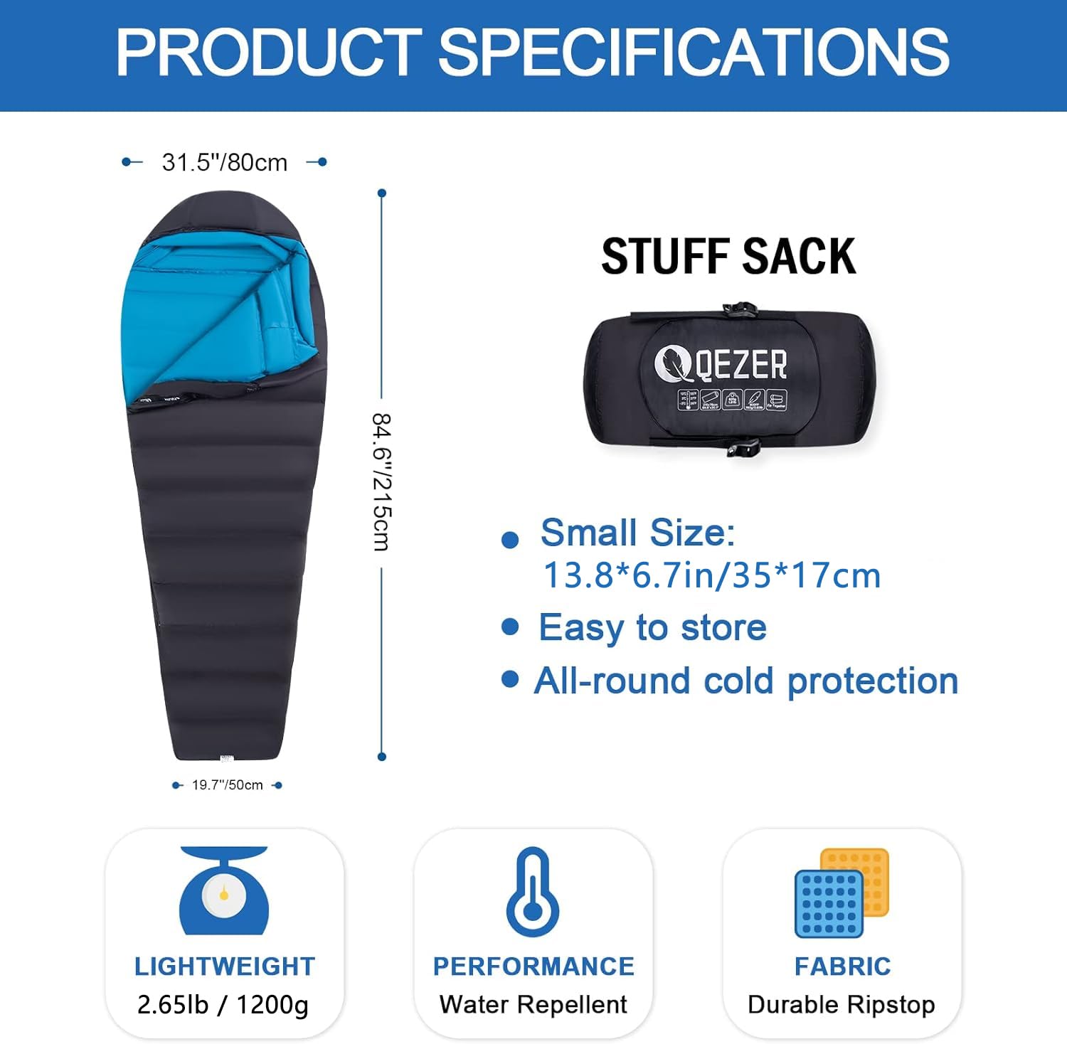 QEZER down sleeping bag outer nylon fabric provides weather resistance.