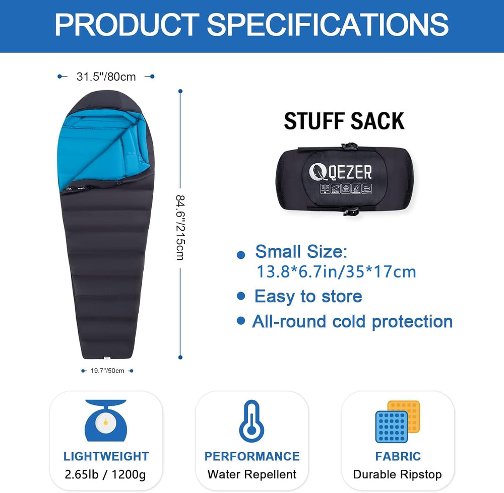 QEZER down sleeping bag outer nylon fabric provides weather resistance.