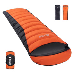 QEZER down sleeping bag outer view highlighting cold-weather coverage