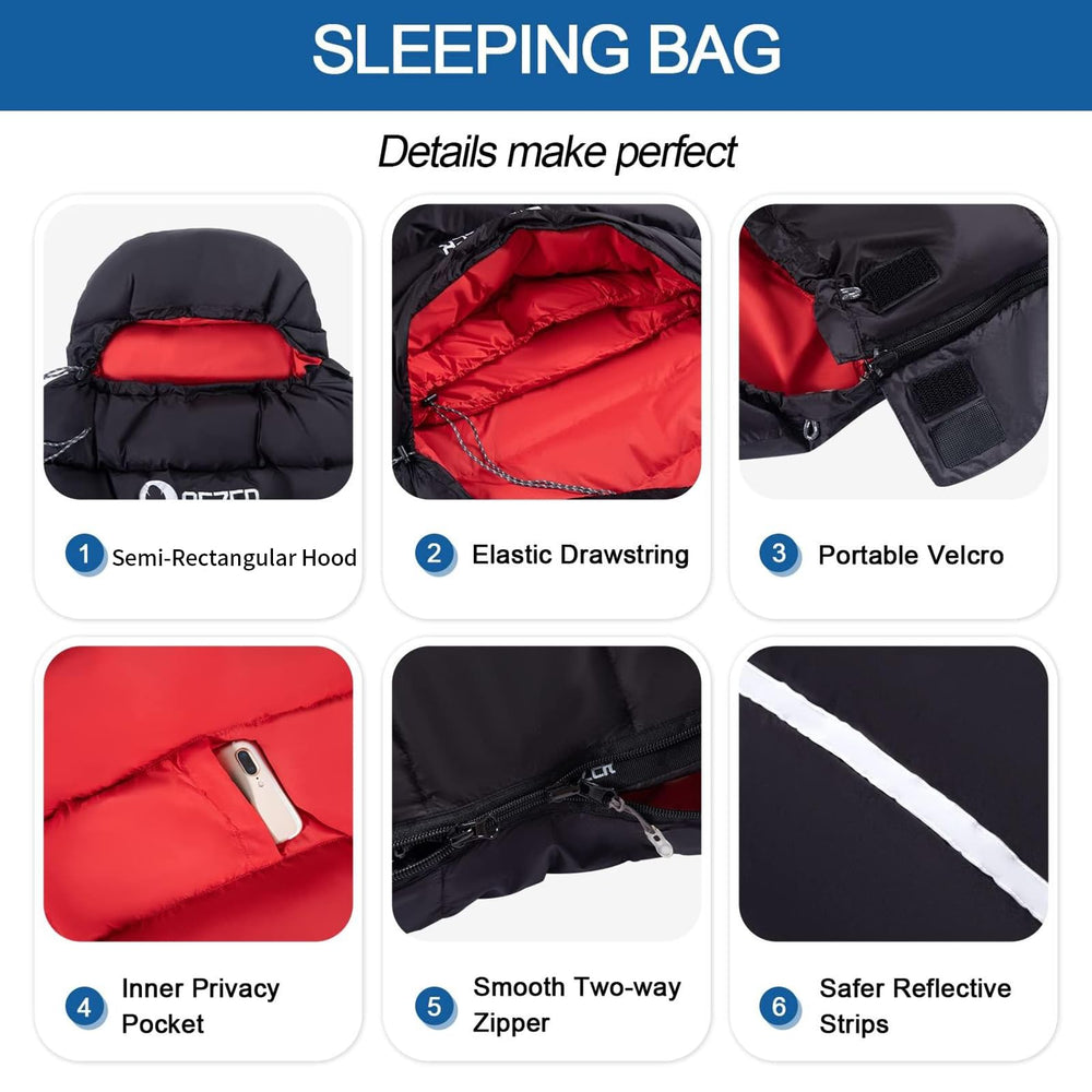 QEZER Down Sleeping Bag Compact Pack Size for easy transport.