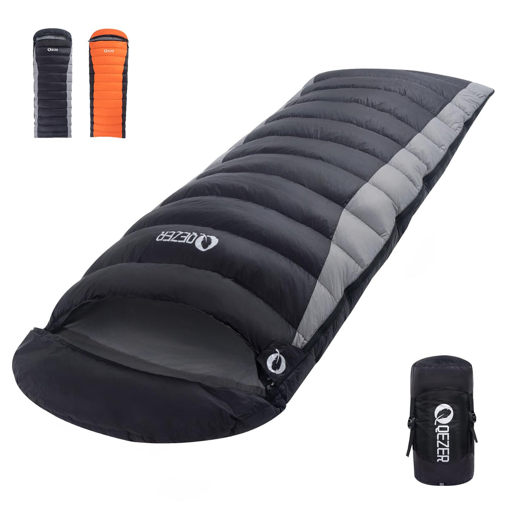 QEZER down sleeping bag packed in compression sack for travel and compact storage