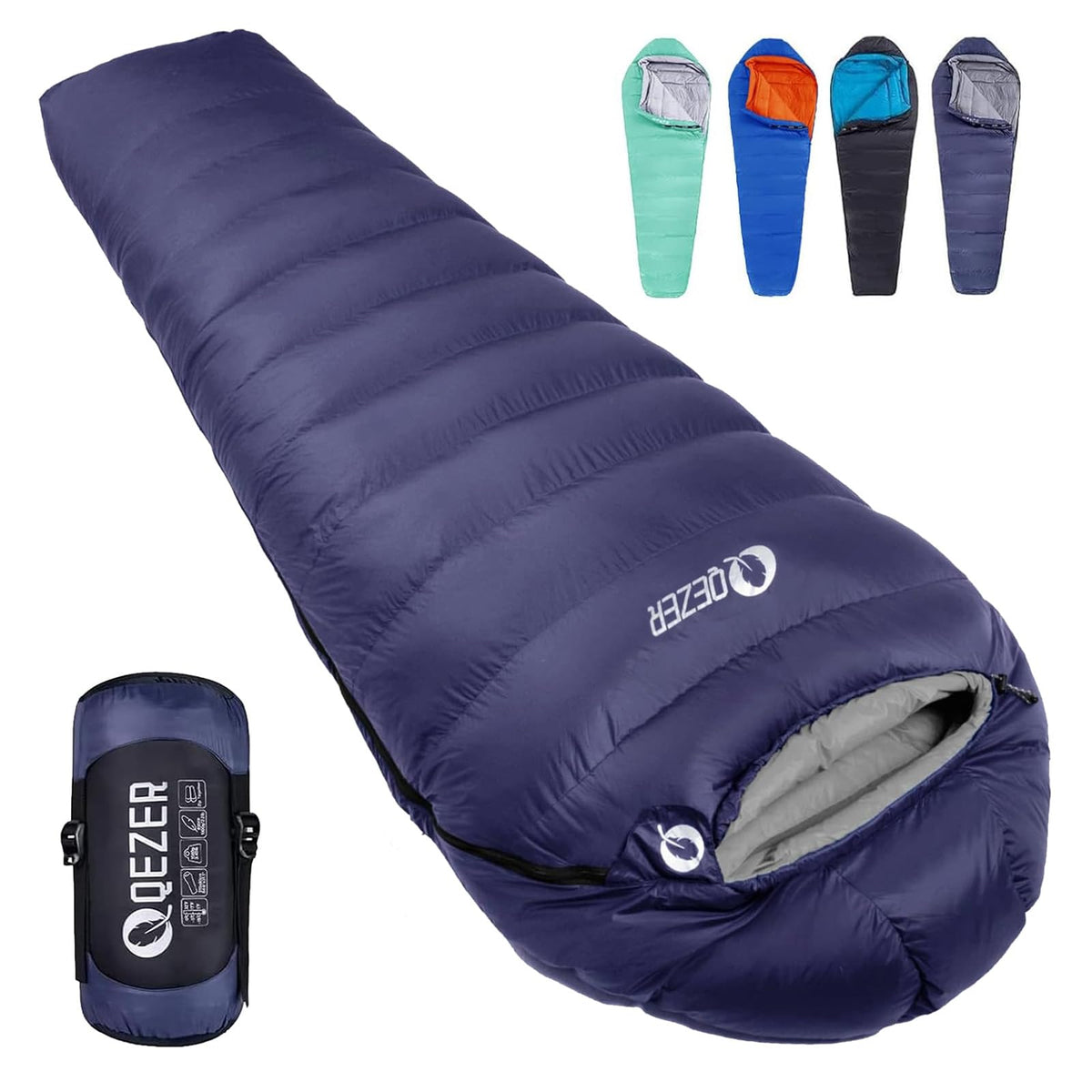 QEZER down sleeping bag packed in a compression sack for easy travel.