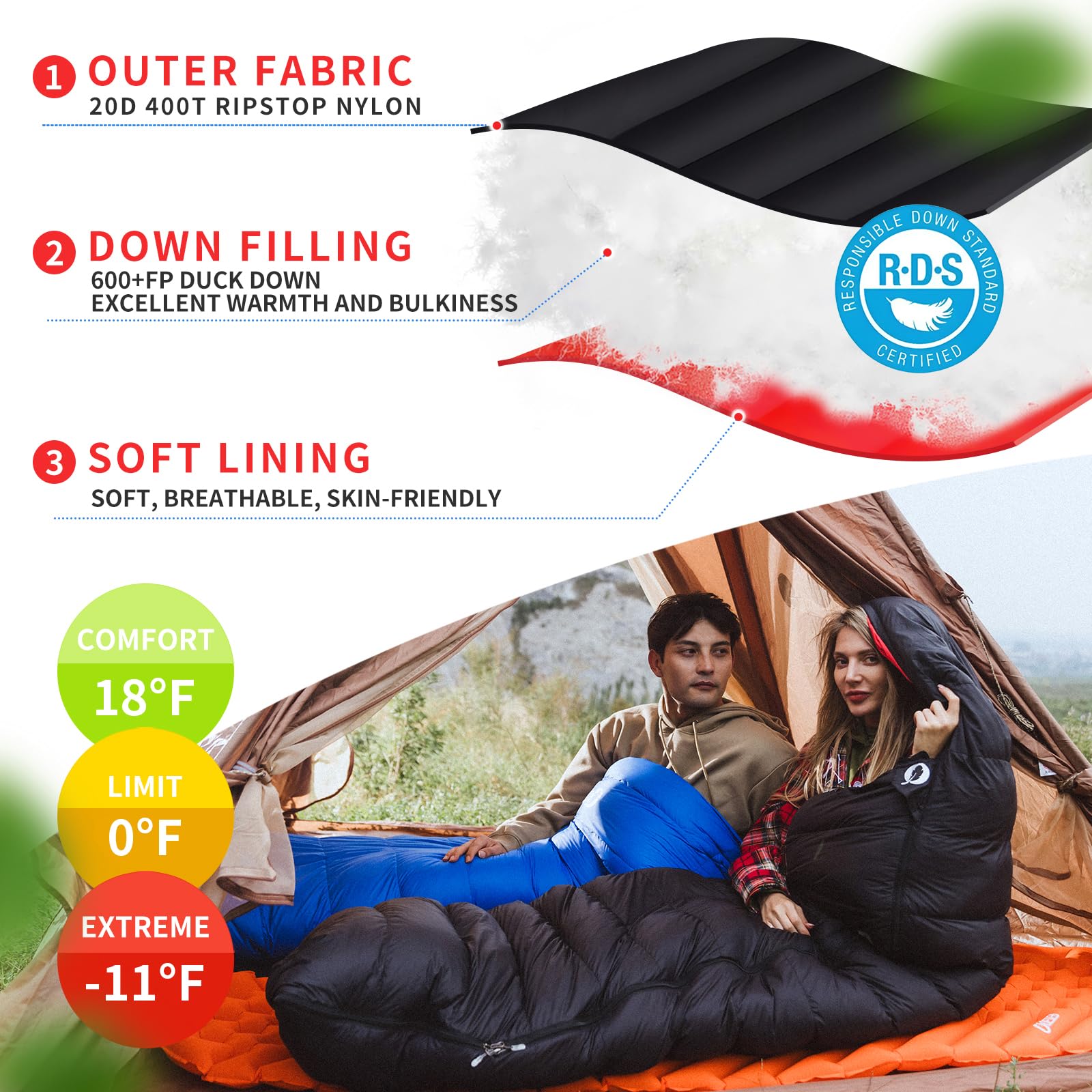 QEZER Down Sleeping Bag Semi-Rectangular Fit offers extra sleeping space.