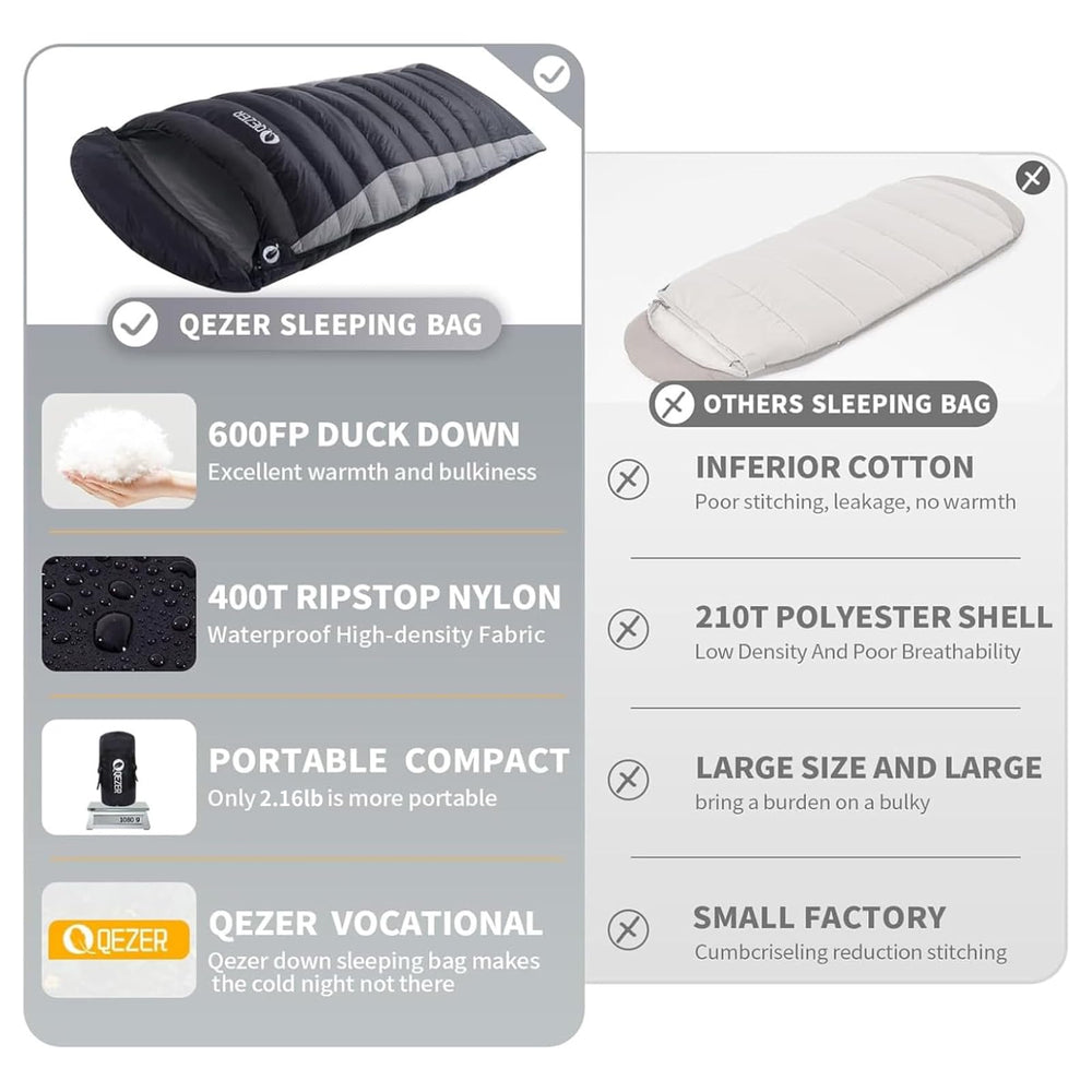 QEZER down sleeping bag semi-rectangular fit offers extra space and comfort.