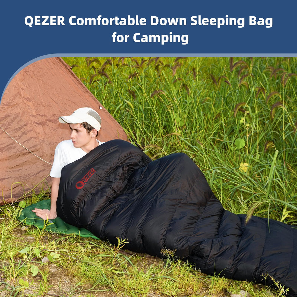 QEZER Down Sleeping Bag water-resistant graphene shell withstands humid mountain environments.