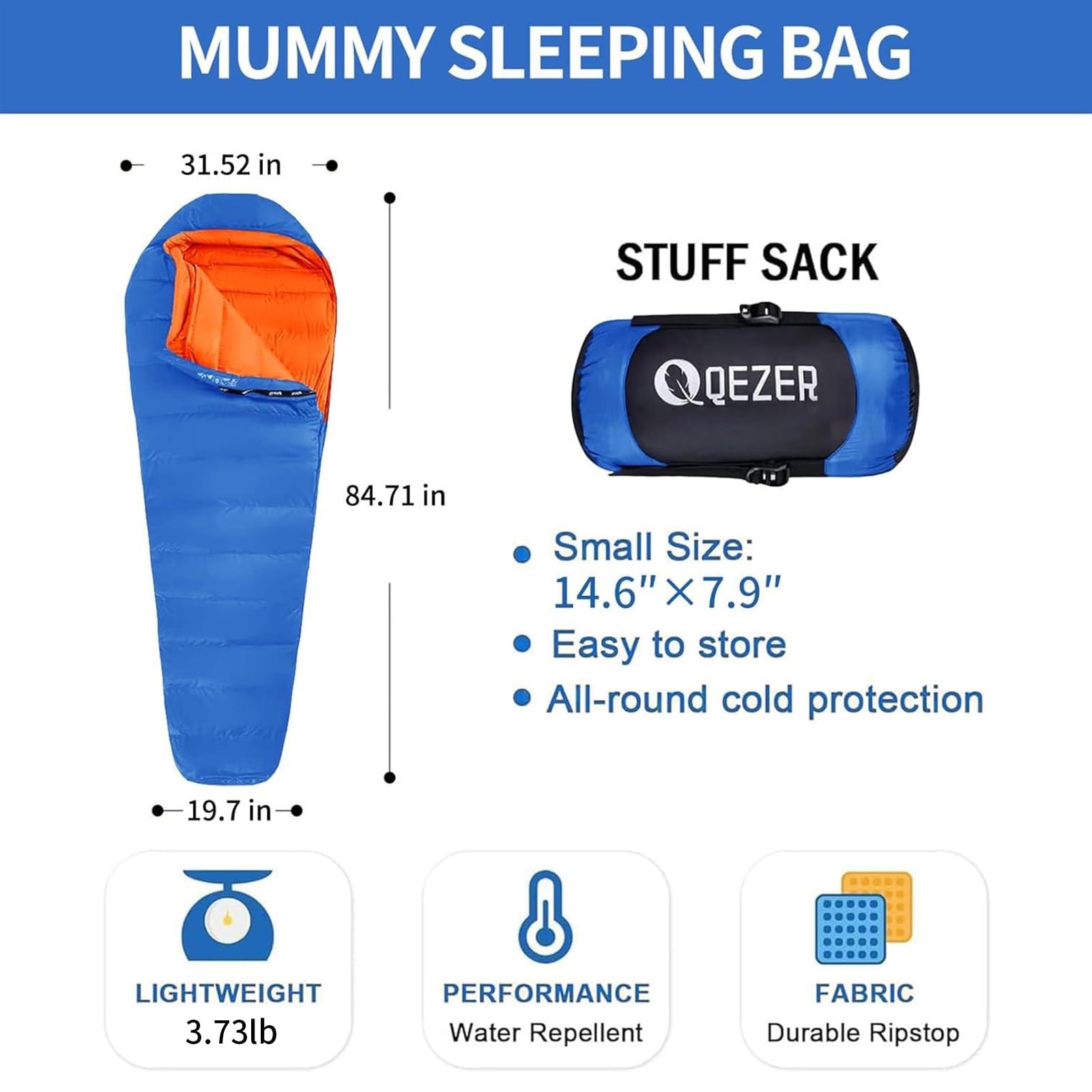 QEZER Down Sleeping Bag ultralight-compact design for easy backpacking.