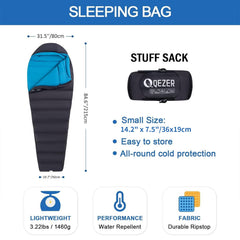 QEZER ultralight sleeping bag packed size demonstrates backpacking portability