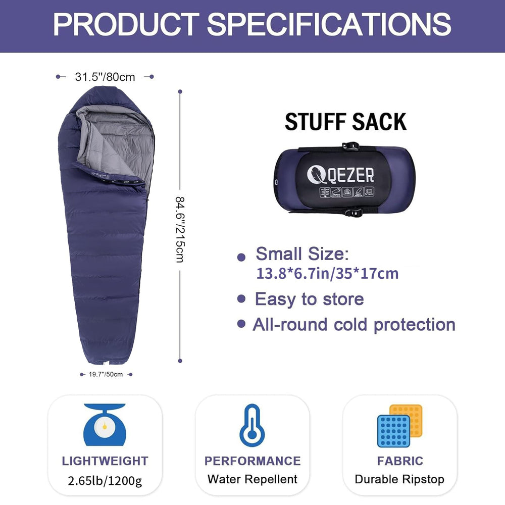 QEZER down sleeping bag shows ultralight mummy fit for backpacking warmth.