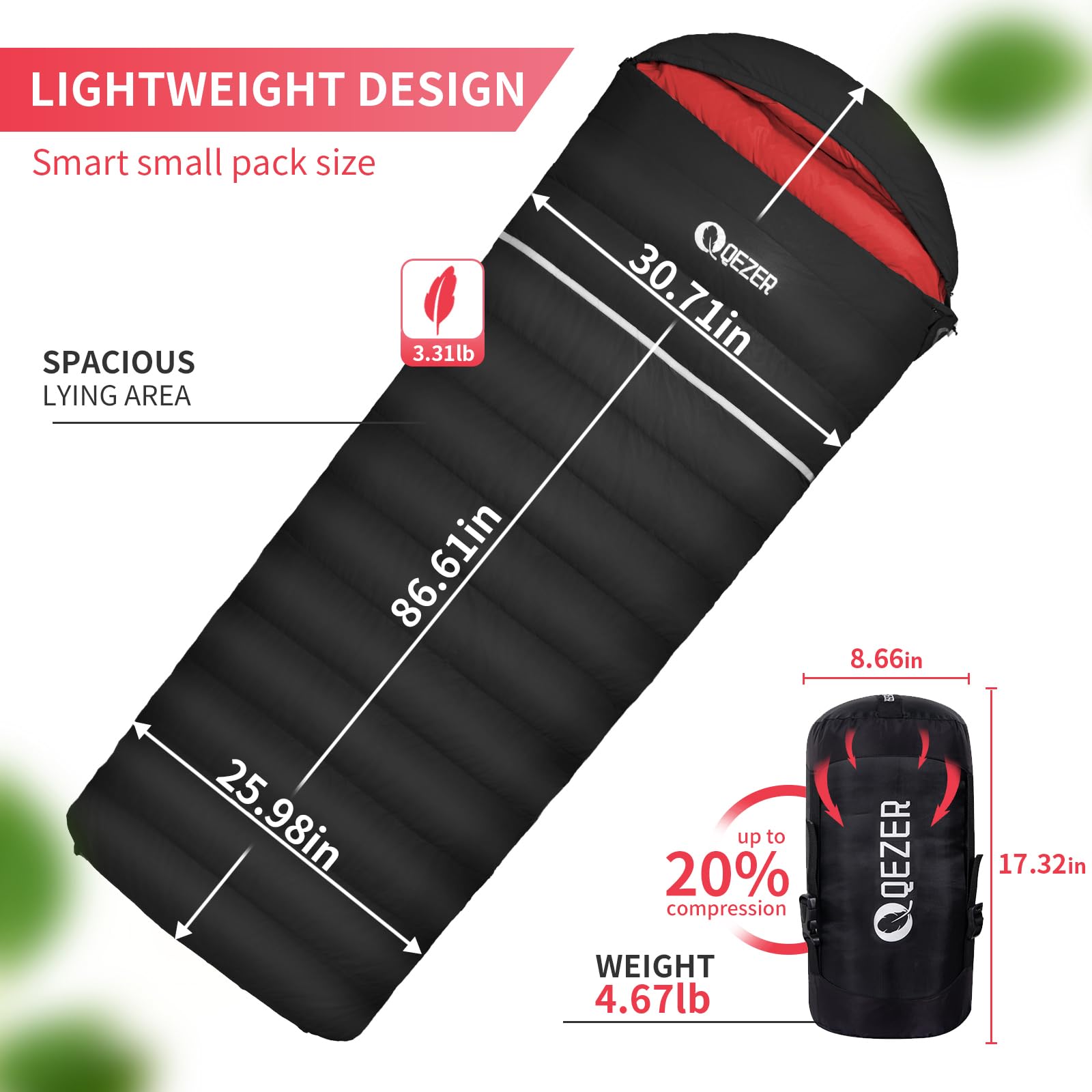 QEZER Down Sleeping Bag Ultralight Packability enables light, easy trekking.