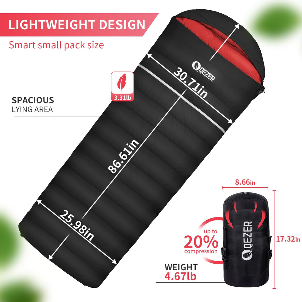 QEZER Down Sleeping Bag Ultralight Packability enables light, easy trekking.
