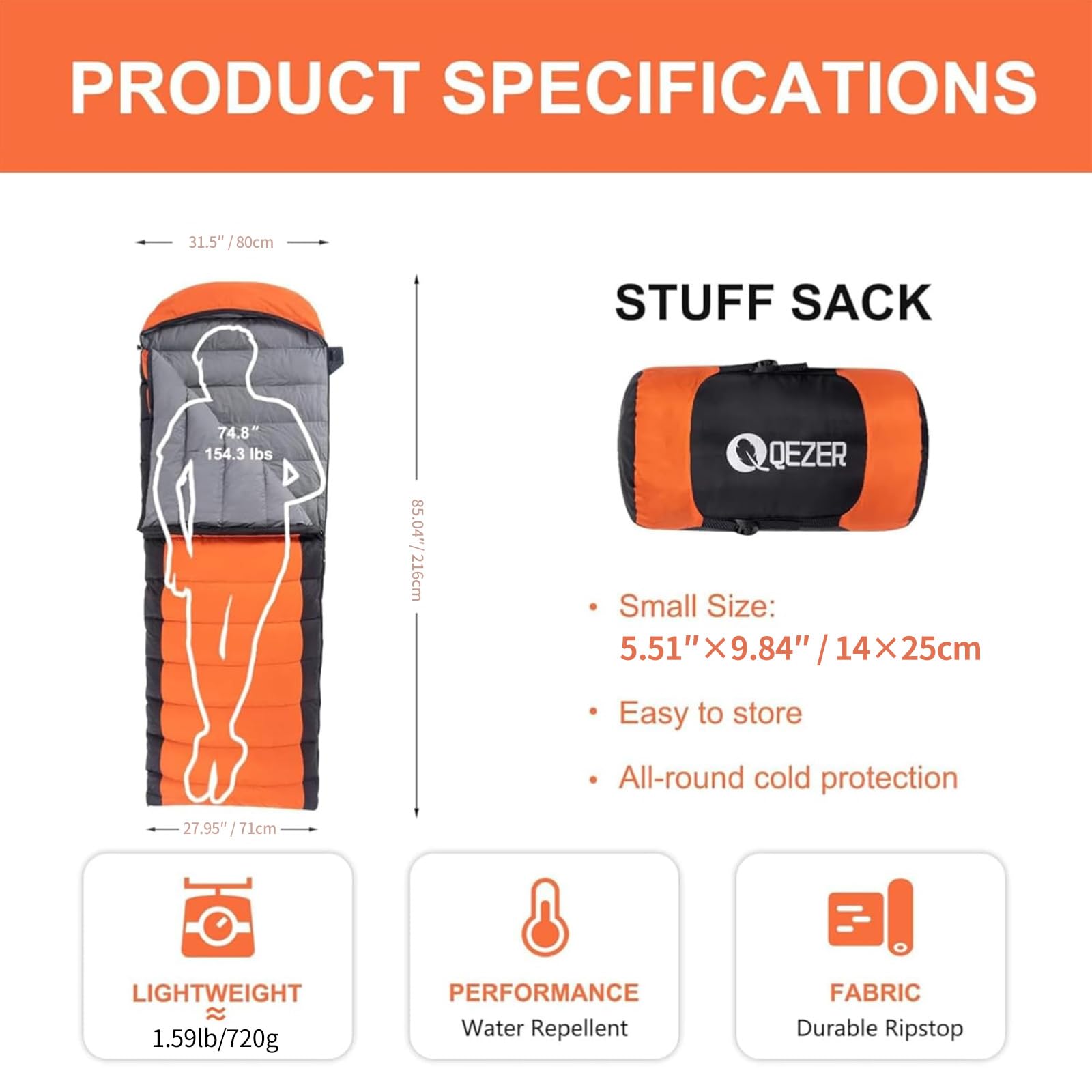 QEZER Down Sleeping Bag ultralight packability highlights light weight for backpacking.