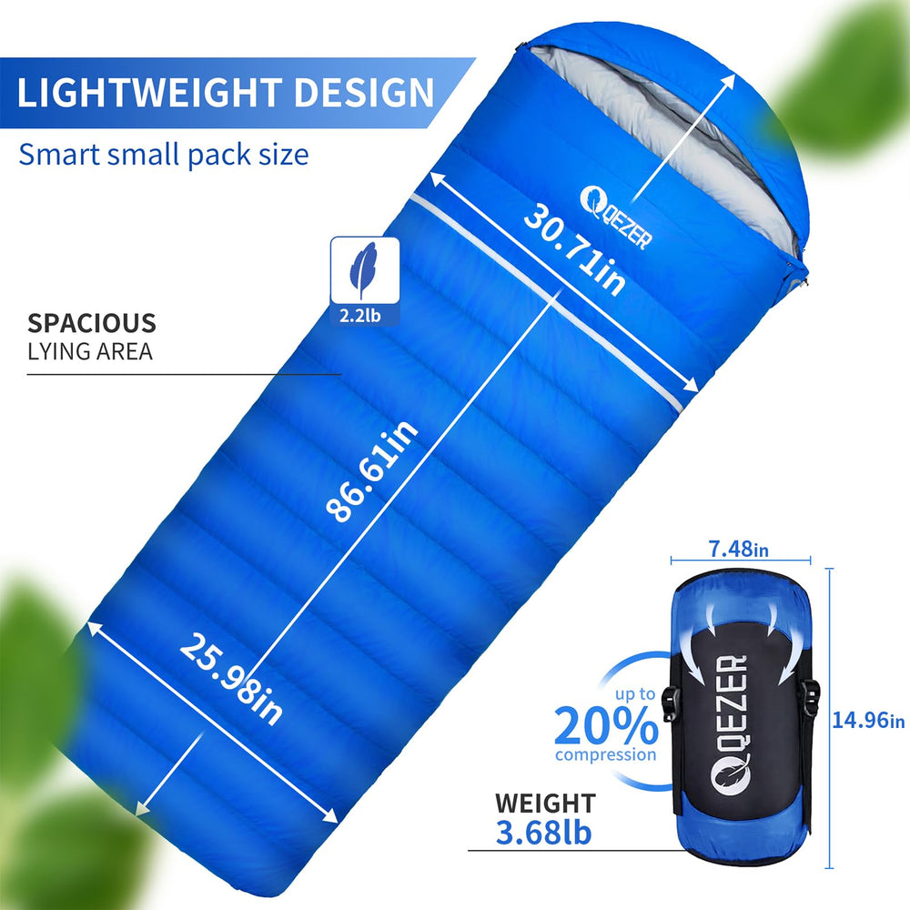 QEZER ultralight-weight sleeping bag ready for long hikes.