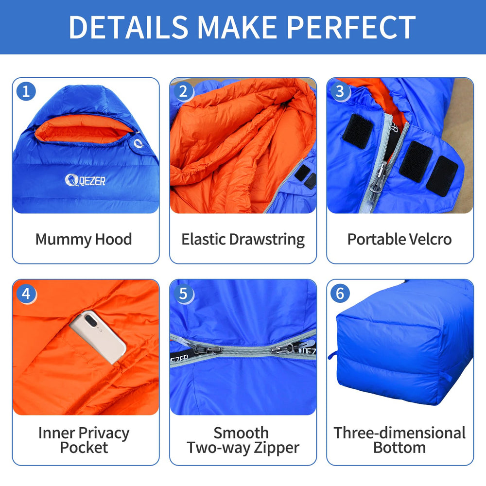 QEZER Down Sleeping Bag waterproof nylon outer layer protects in damp weather.
