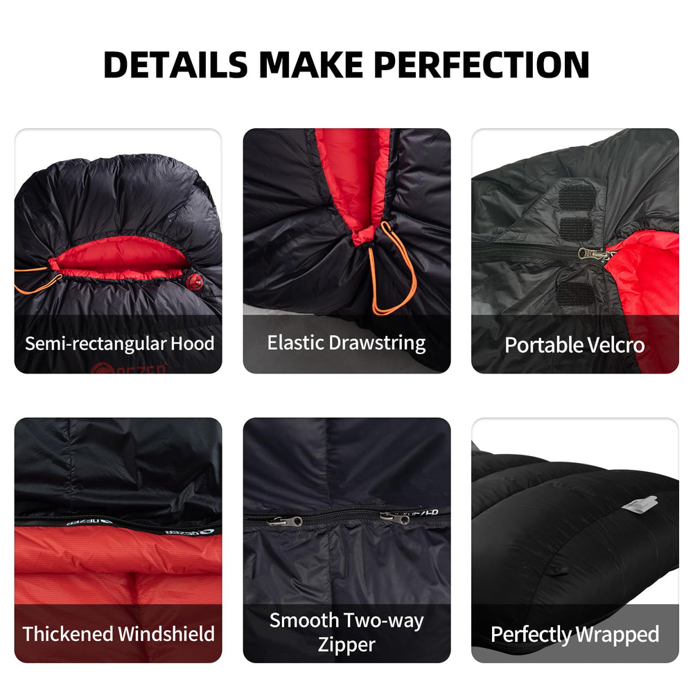 QEZER Down Sleeping Bag wide interior offers extra legroom for restless sleepers.