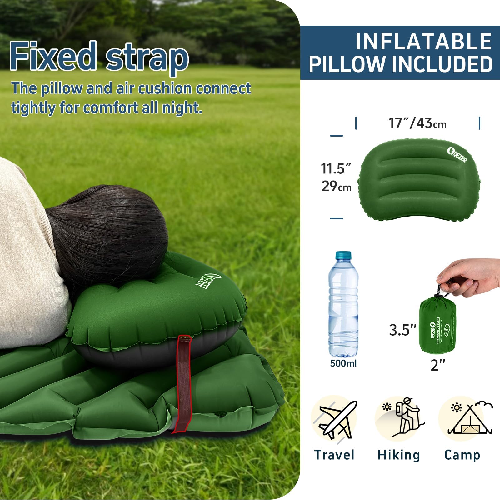 QEZER inflatable neck pillow contours to support head and neck.