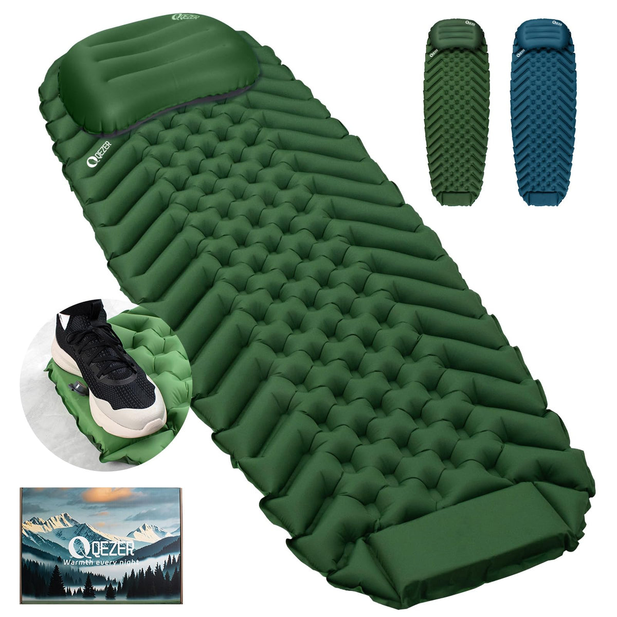 QEZER ultralight sleeping pad in compact form for easy backpacking and quick rest.