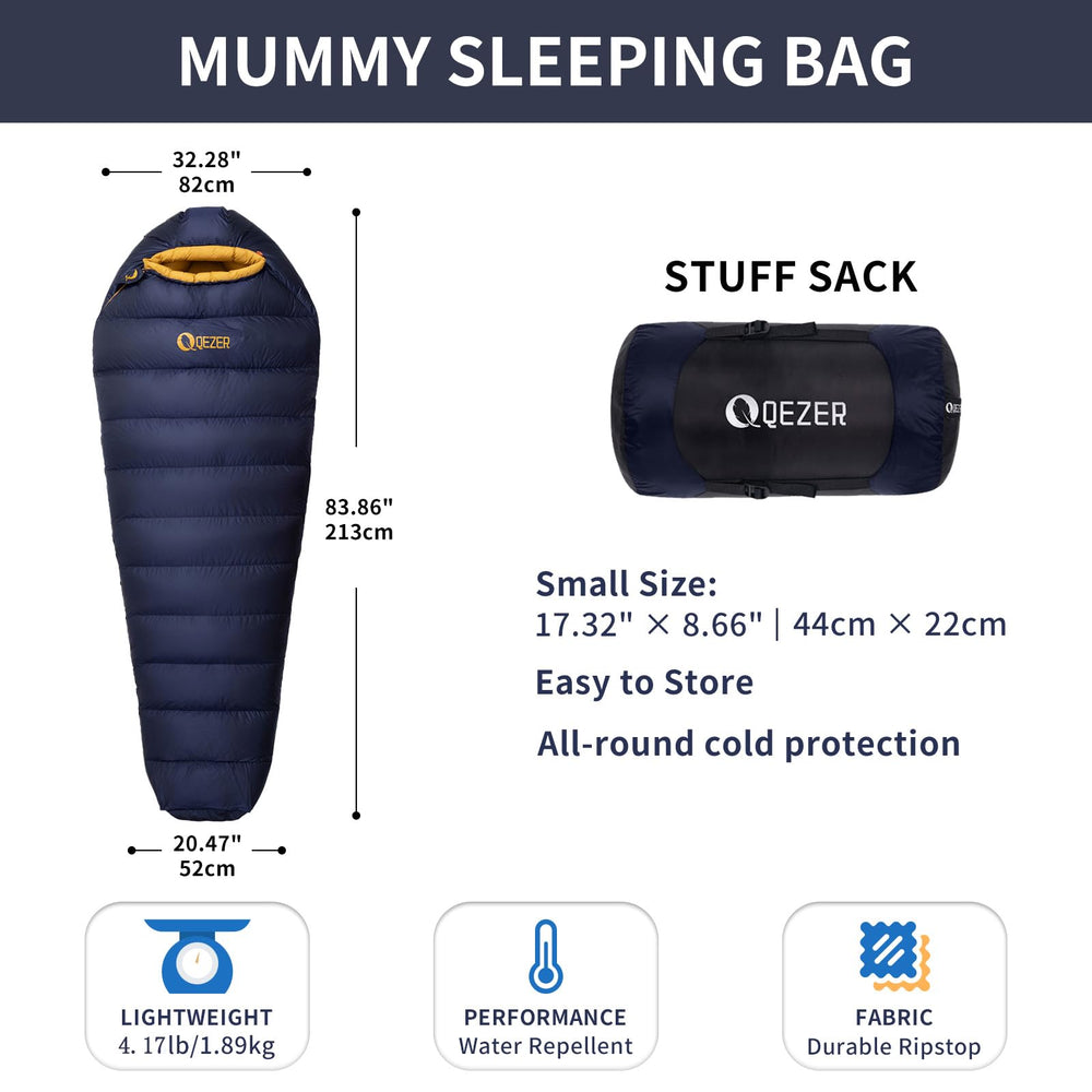 QEZER ultralight mummy bag shows 620 fill power for backpacking warmth.