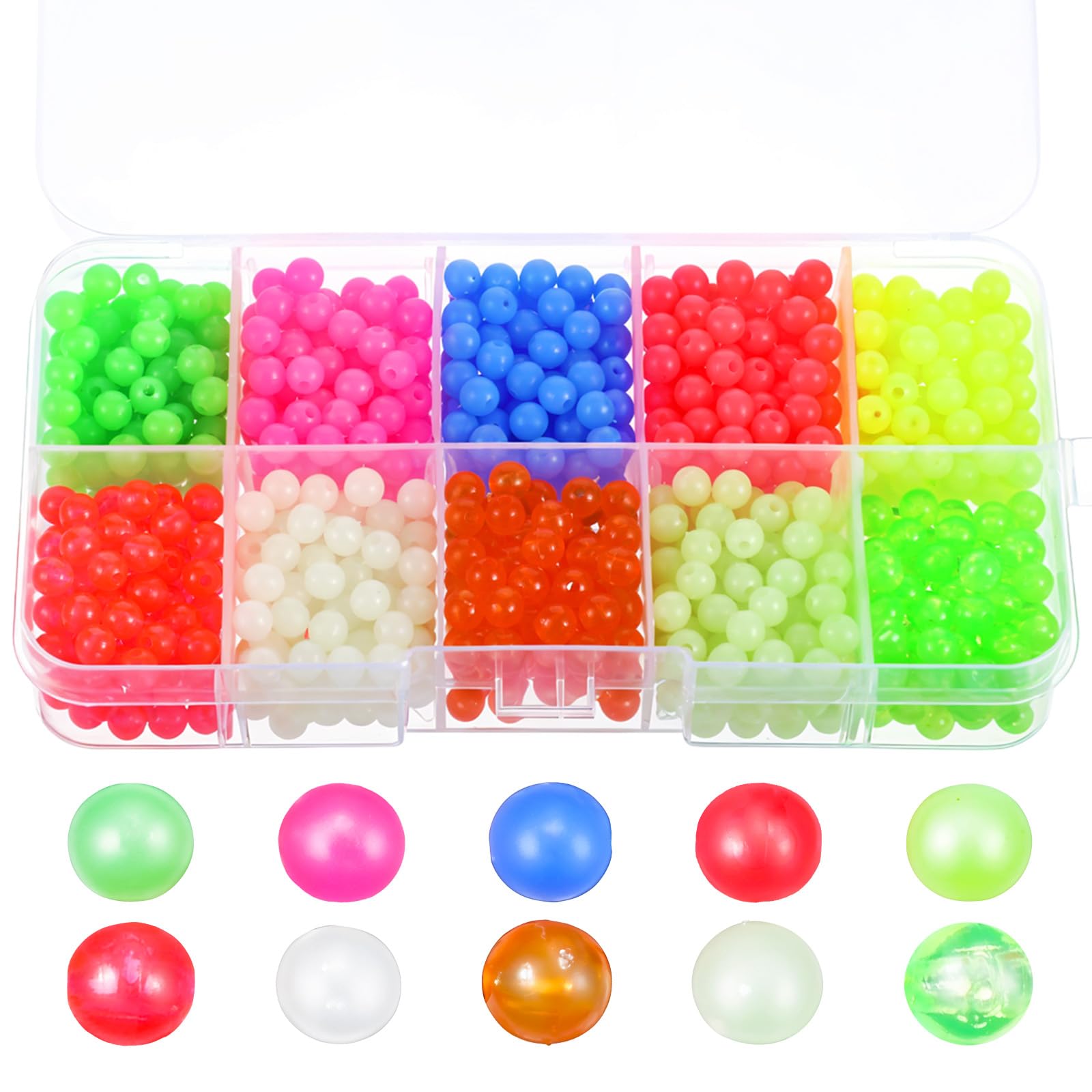 Assorted 5mm fishing beads in a transparent storage box (10 colors)