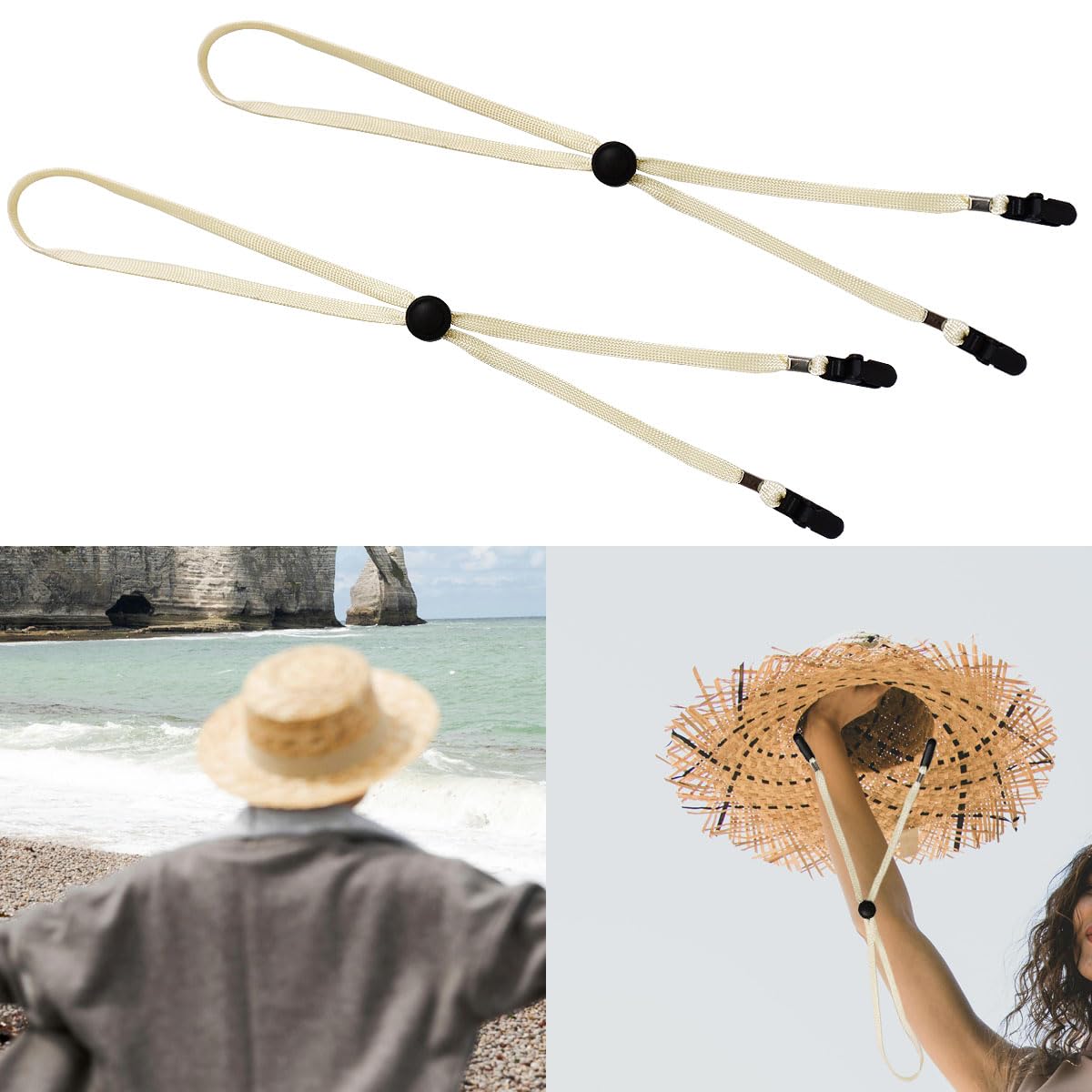 Beige hat chin cord with plastic clip and cord lock