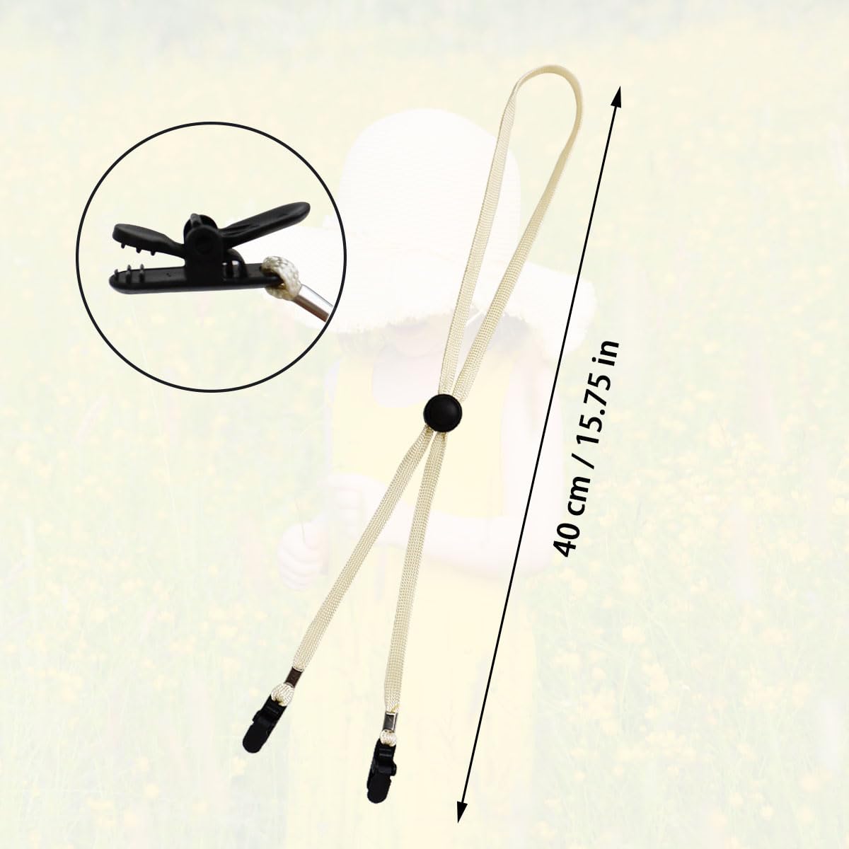 Beige hat strap clip attached to a cap
