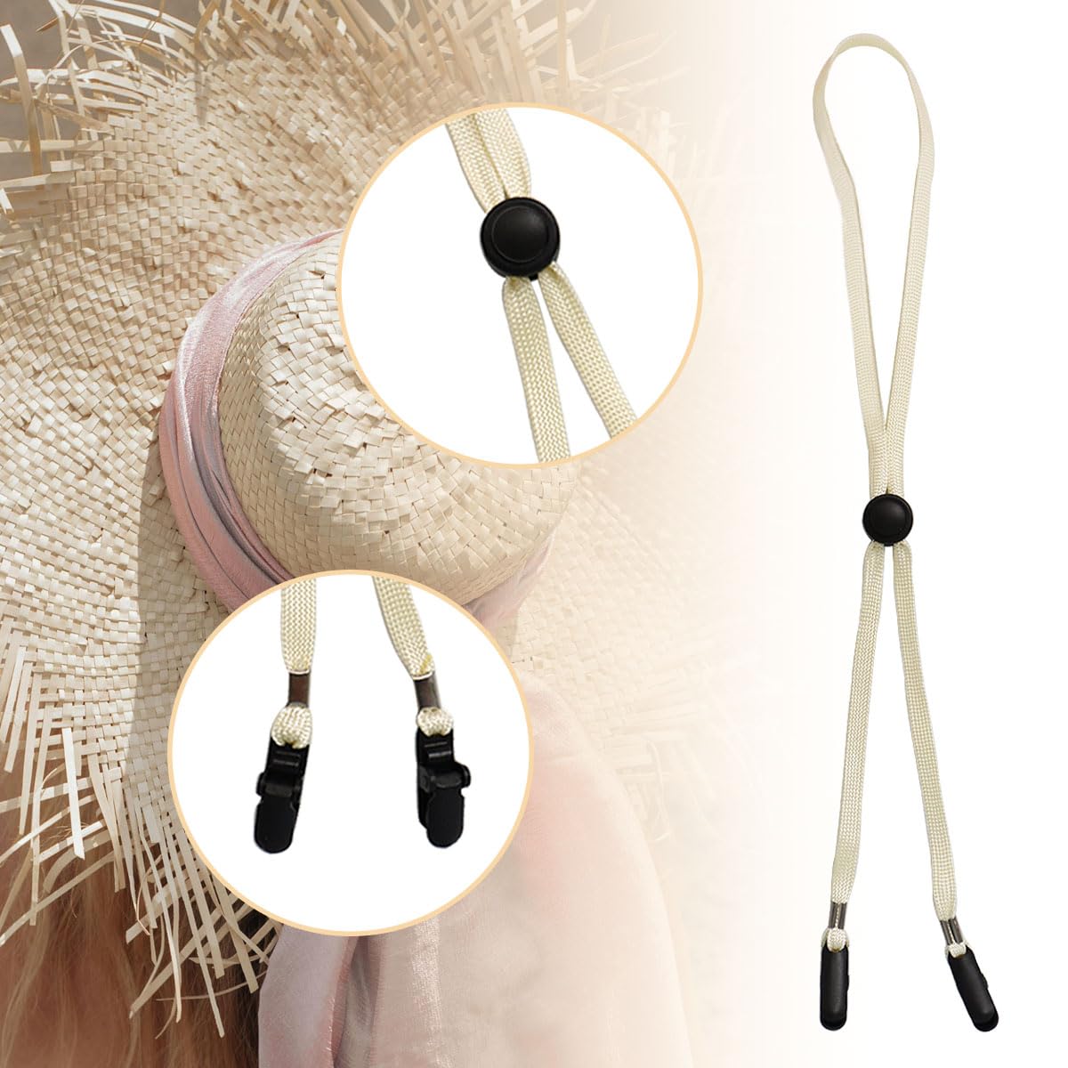 Five beige hat strap clips packaged together