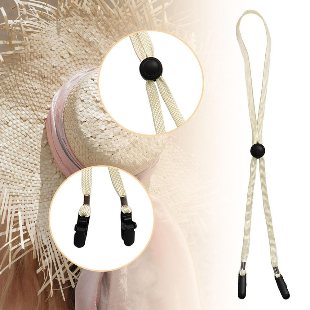 Five beige hat strap clips packaged together