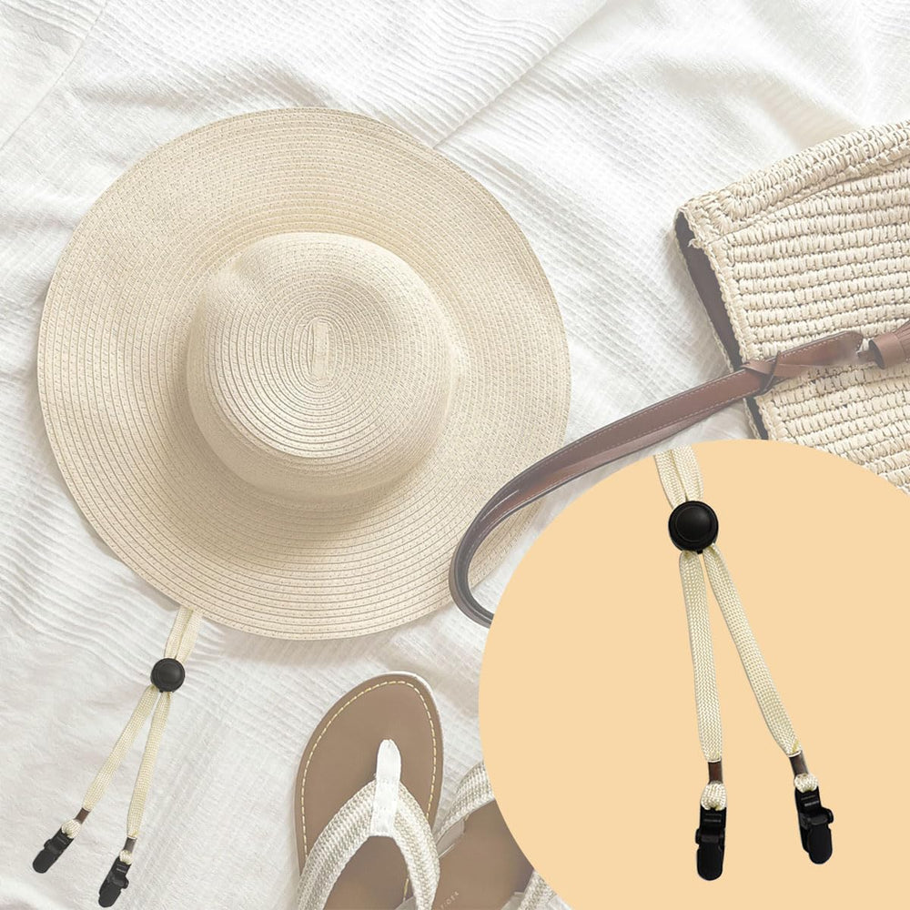 Beige hat strap clips shown on a cap illustrating fixing