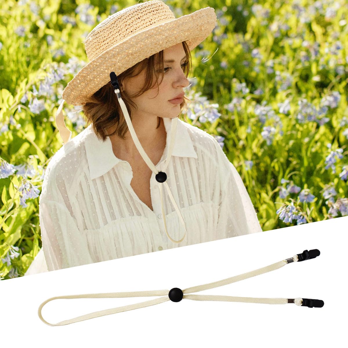 Cord lock and plastic clip details on beige hat strap clip