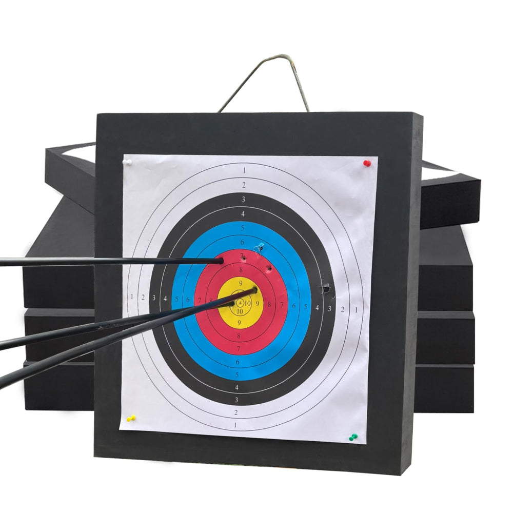 QI HUO JU Foam Archery Target with 5 target papers for practice sessions.