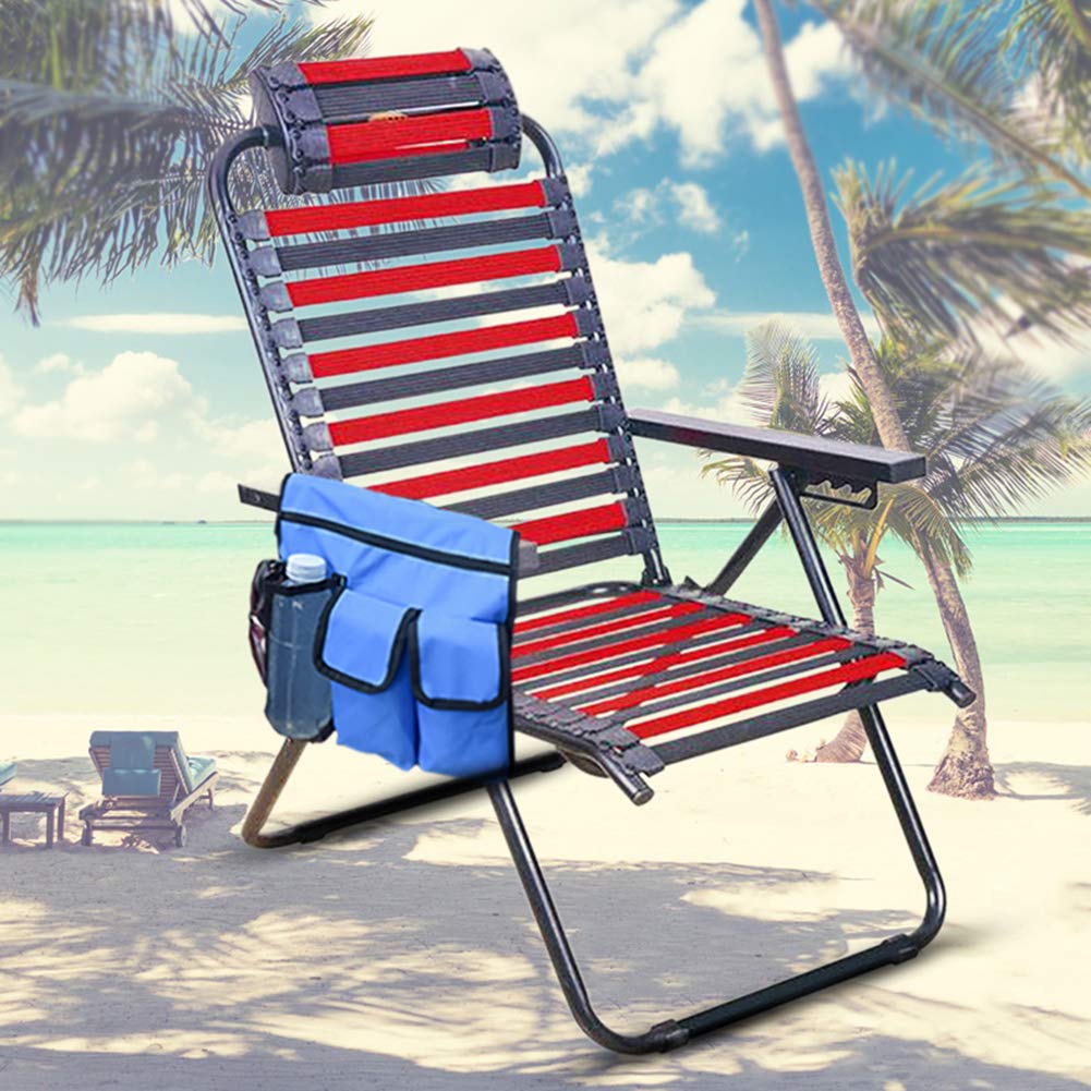 Qiilu Beach Chair Storage Bag attached to a chair for easy access.