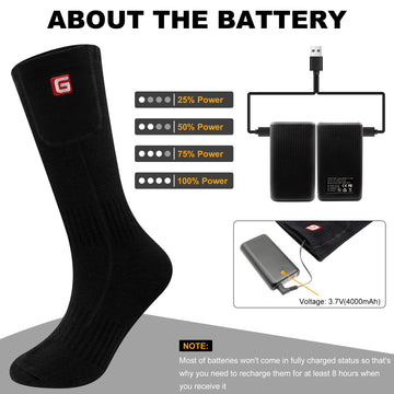 QILOVE heated socks battery charging setup shows rechargeable power for all-day warmth