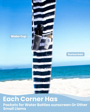 Qipi Beach Cabana interior corner pockets organize sunscreen and keys