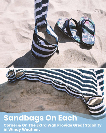 Qipi Beach Cabana includes sand bags and stakes for sturdy anchoring