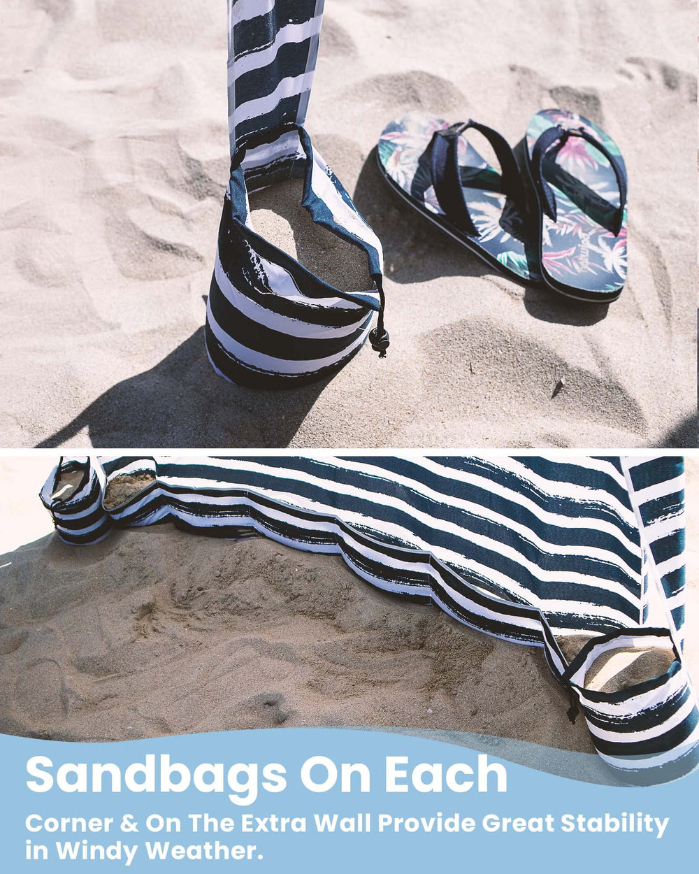 Qipi Beach Cabana includes sand bags and stakes for sturdy anchoring