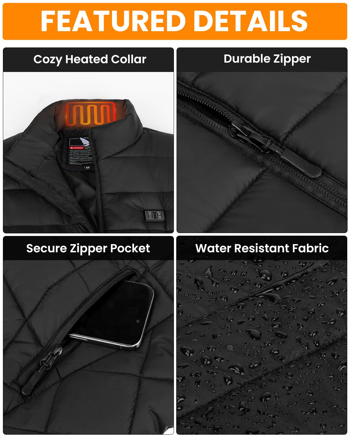 QIUJIN heated vest fabric detail reveals windproof waterproof layer for winter outdoors