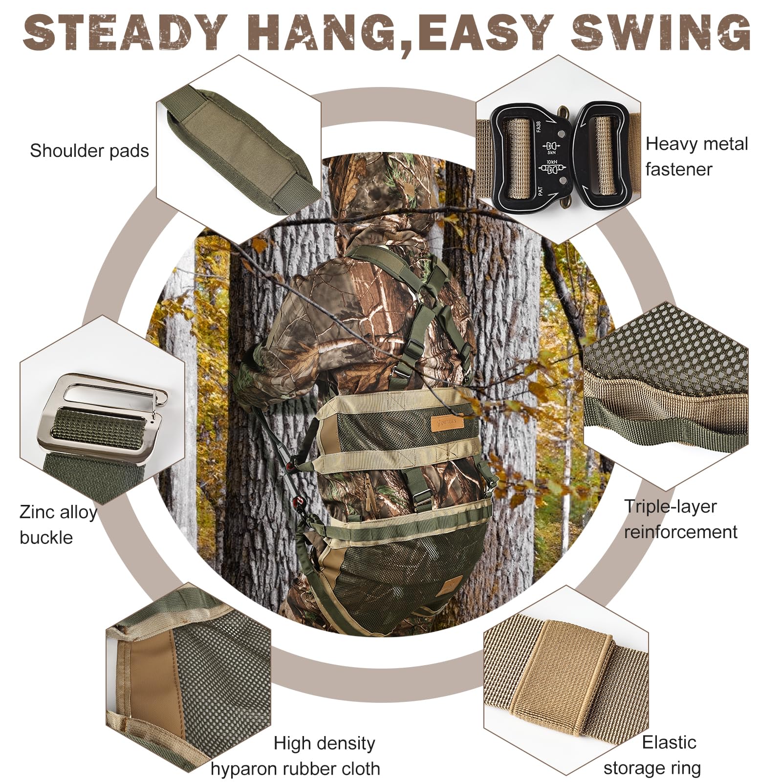 Qiullen tree saddle rope grabber and carabiners ensure secure connections.