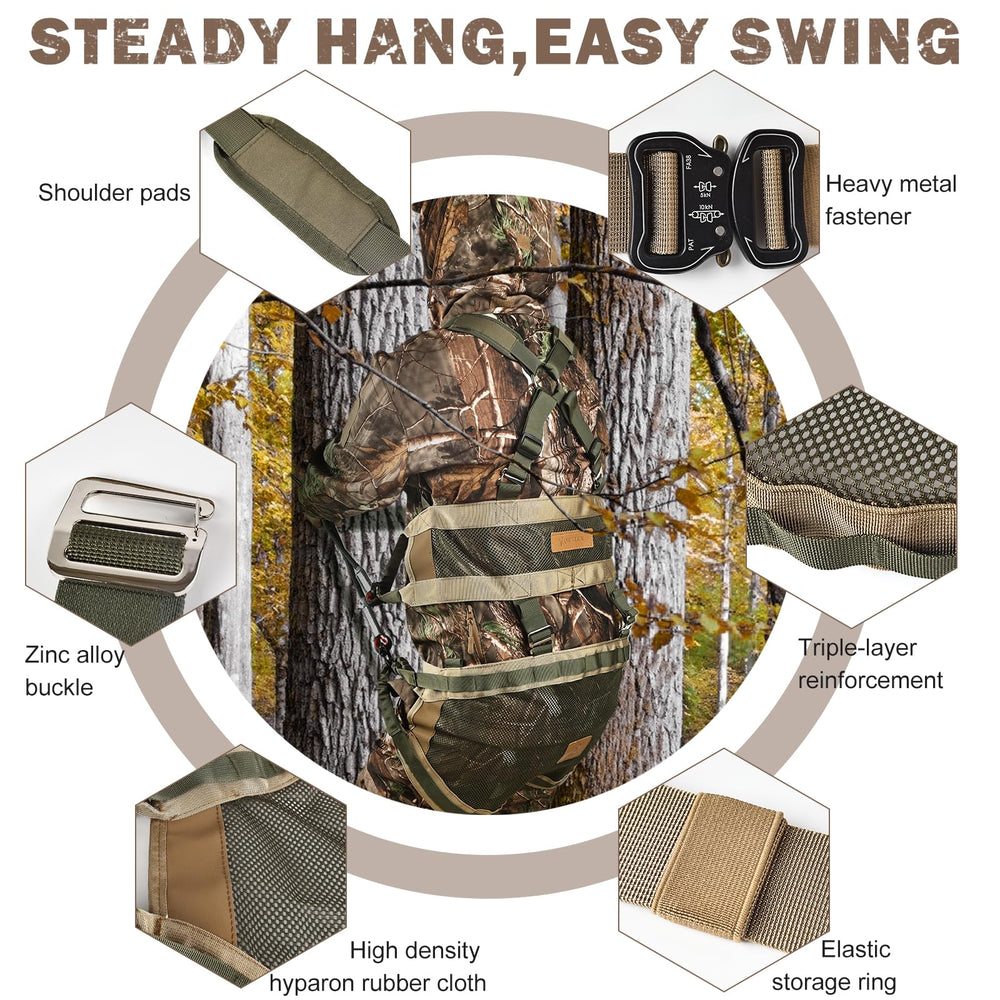 Qiullen tree saddle rope grabber and carabiners ensure secure connections.