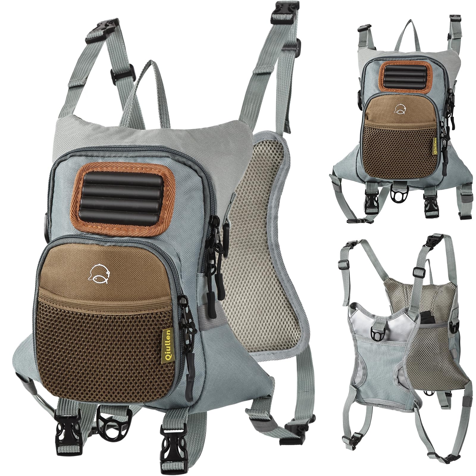 Qiullen waterproof fly fishing chest pack front view showing organized gear for quick changes