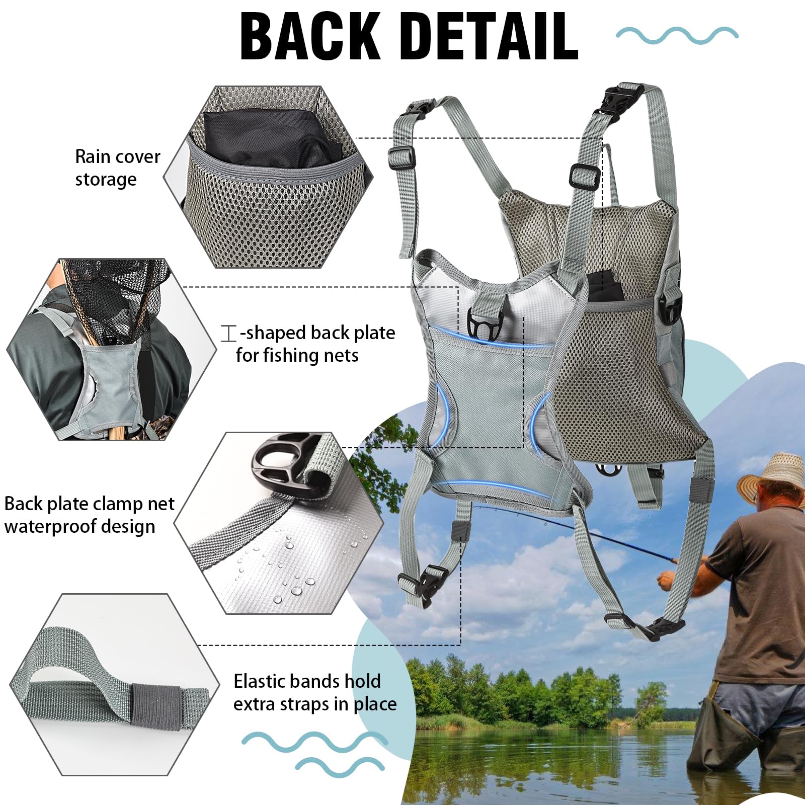 Back net holder attached to the chest pack