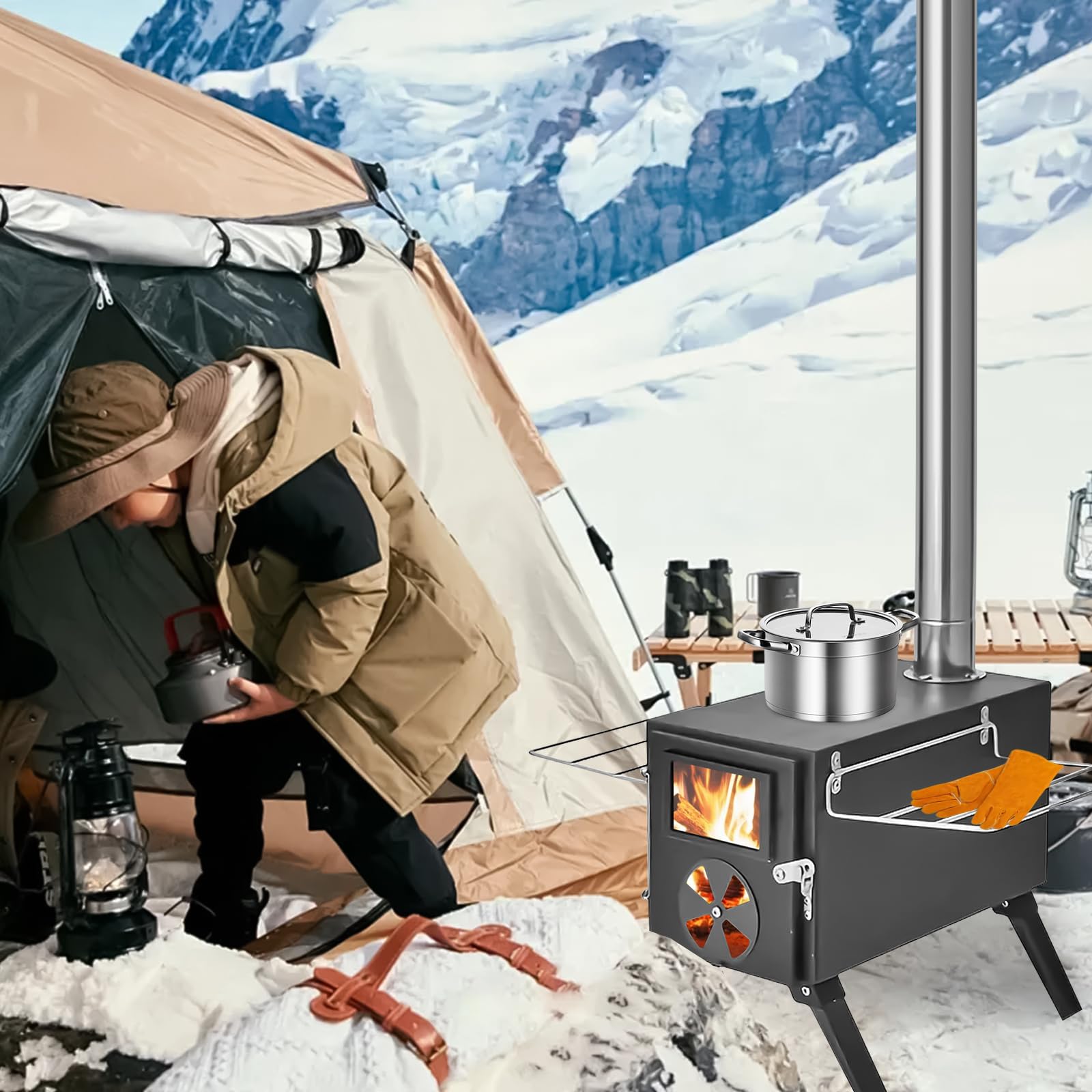 Qivine stove supports kettles and pans for on-site cooking