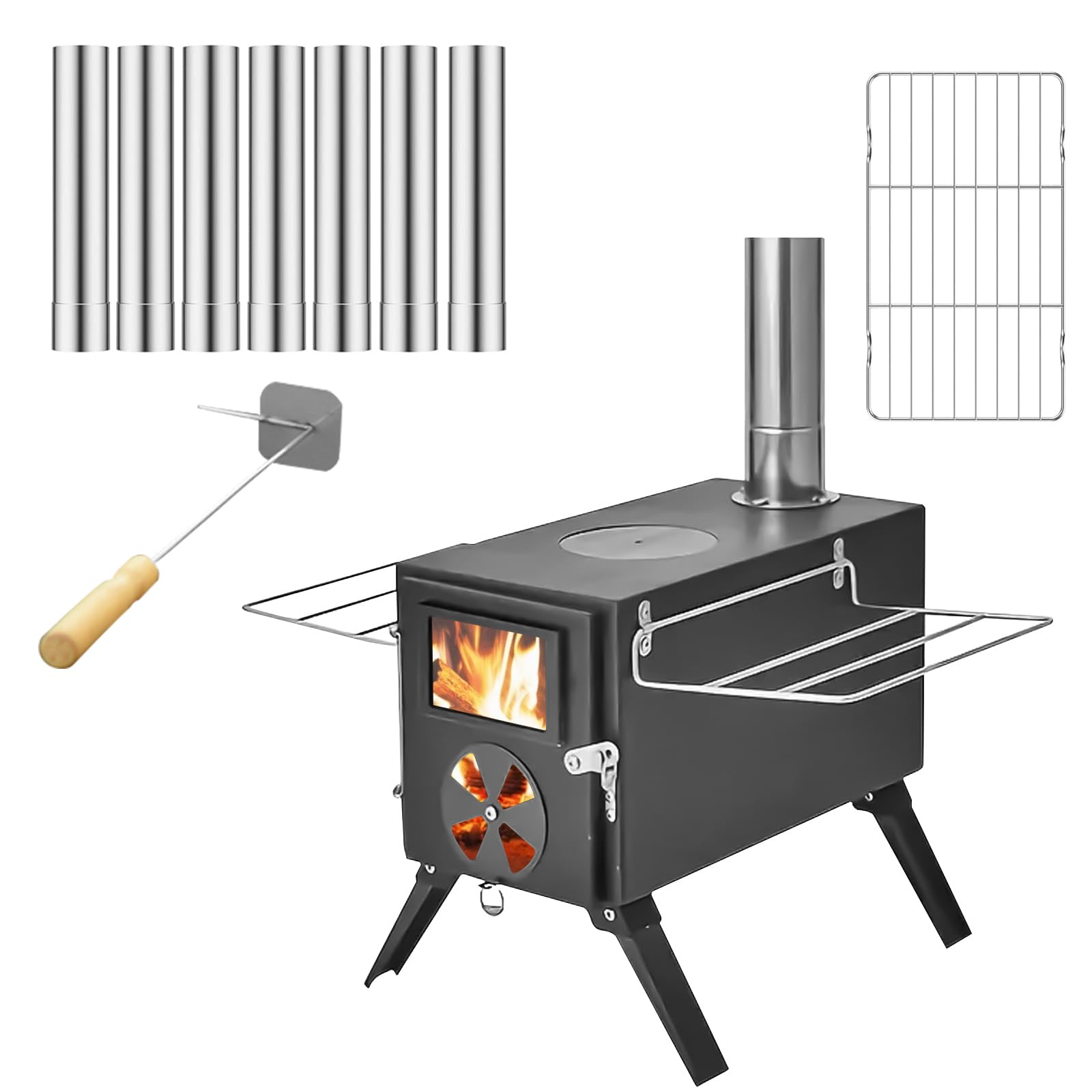 Qivine portable wood stove with chimney assembly for outdoor warmth on camping trips