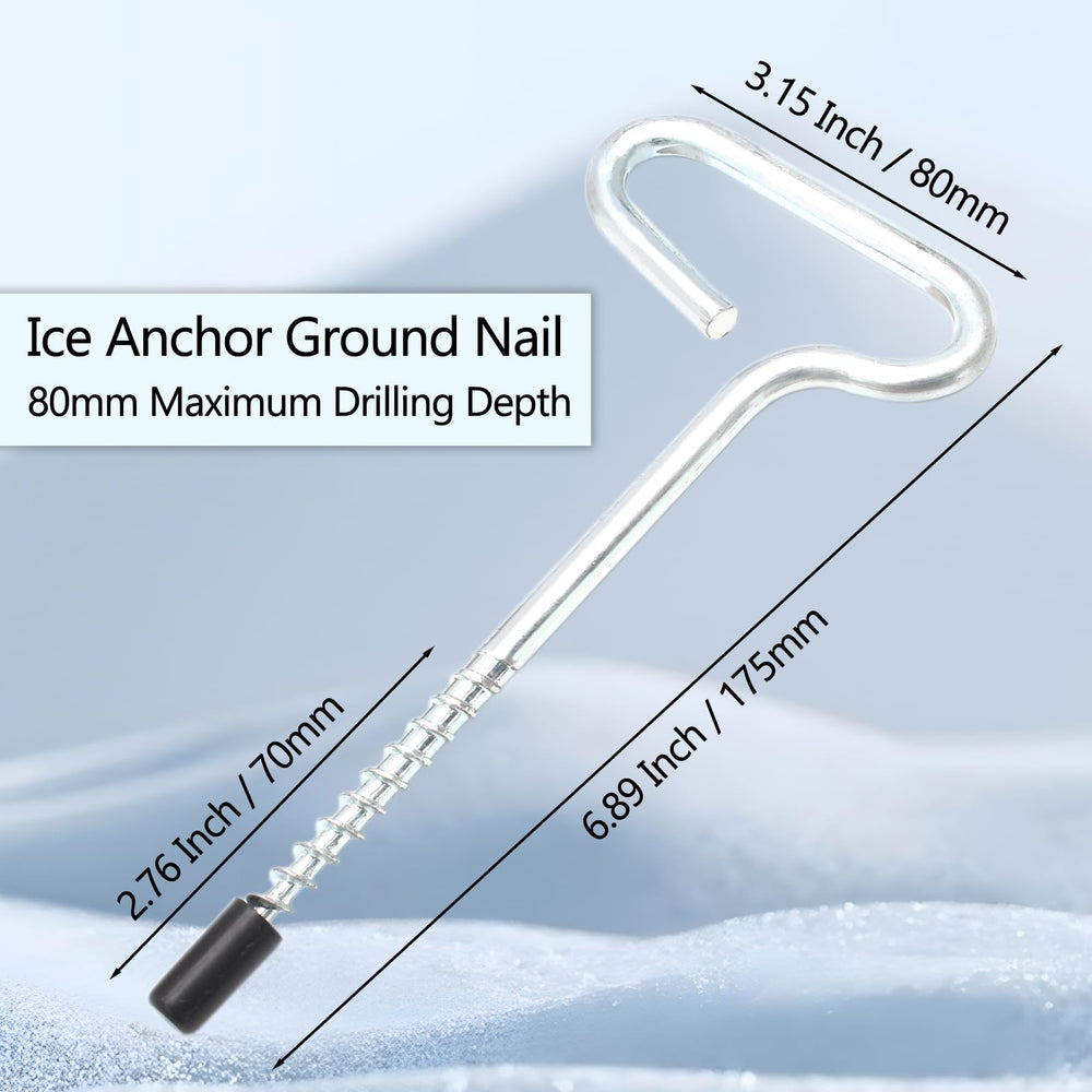 Metal ice anchor tool close-up showing 11mm drill bit compatibility