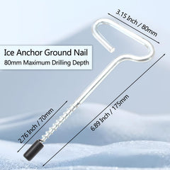 Metal ice anchor tool close-up showing 11mm drill bit compatibility