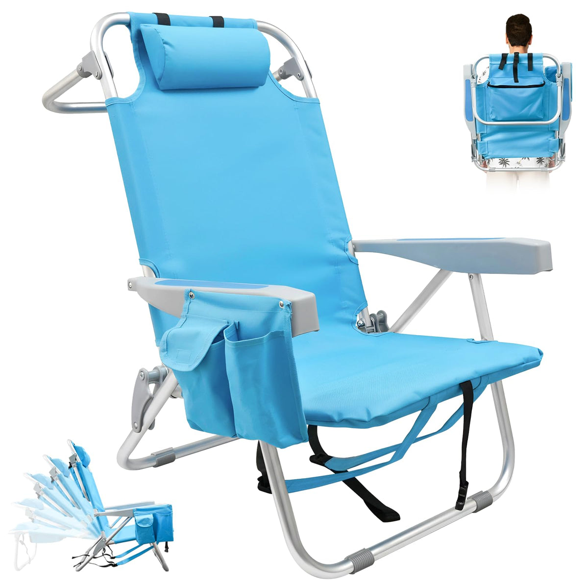 Qodia backpack beach chair folded compact for easy transport and storage.