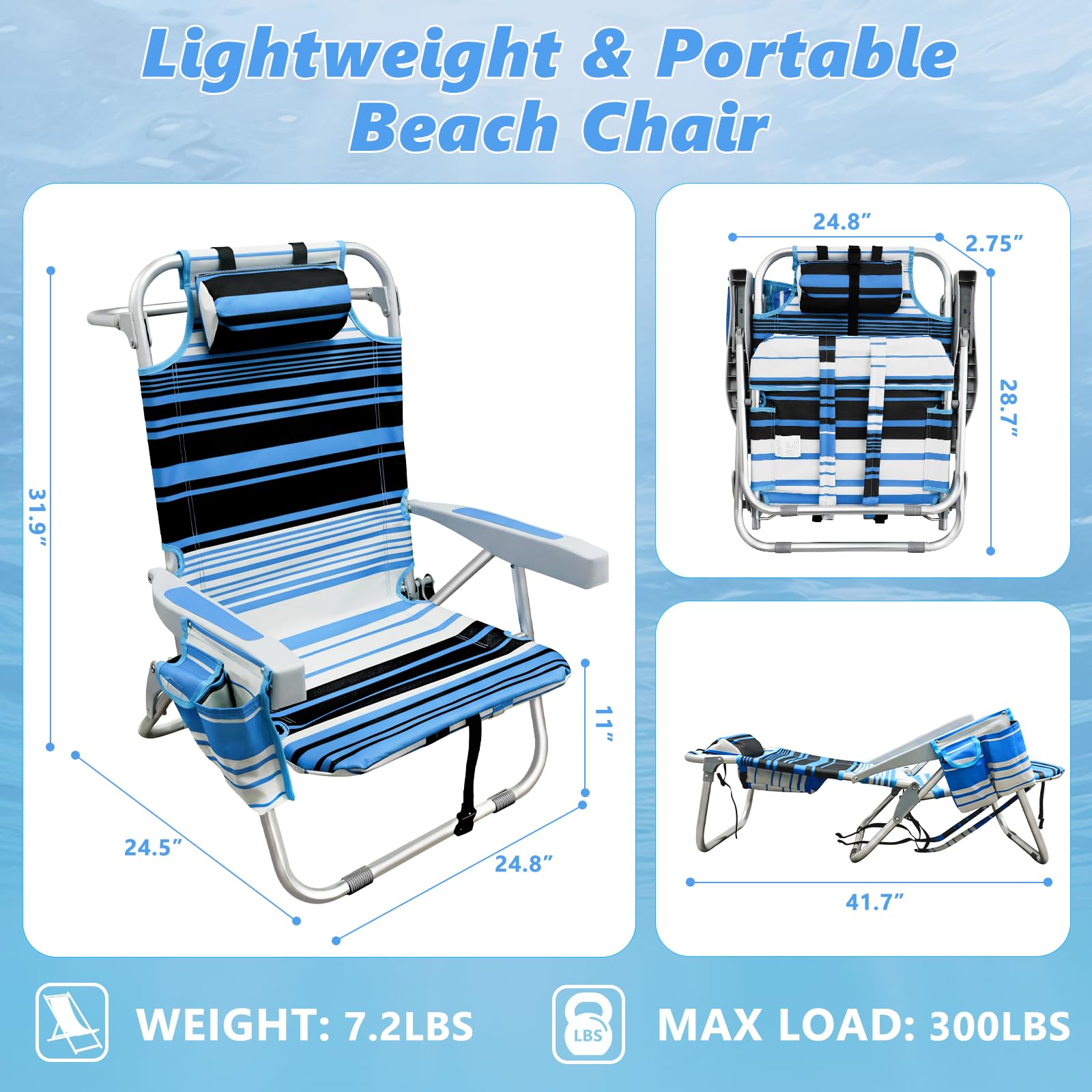 Qodia beach chair with padded headrest for neck comfort during long seaside rests.