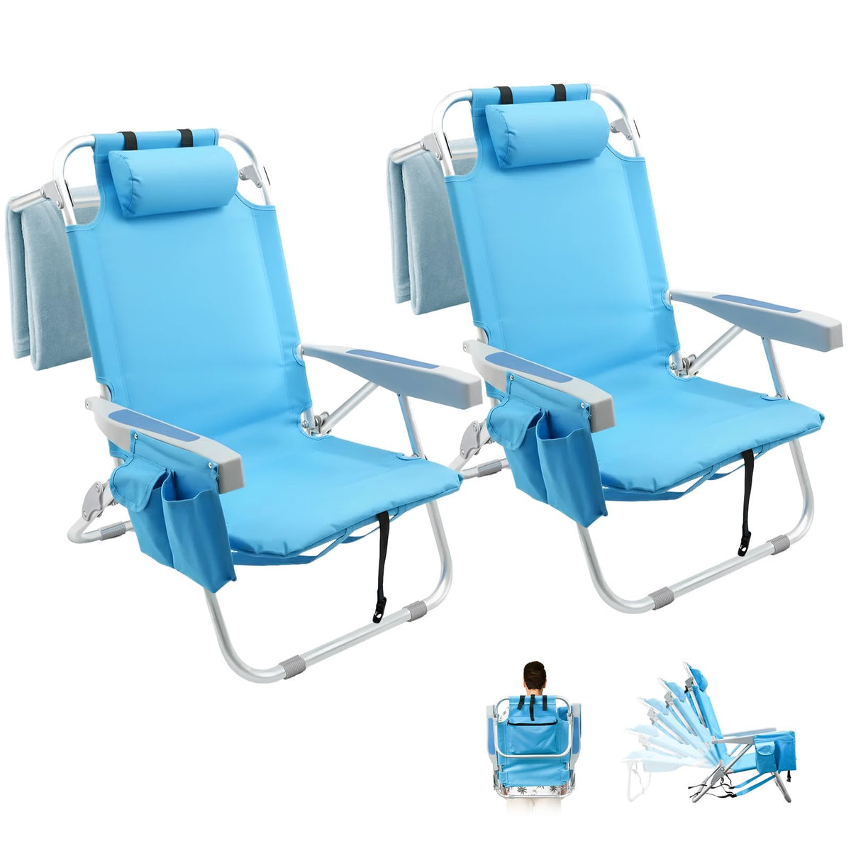 Qodia two-pack backpack beach chairs ready for comfortable outdoor lounging.