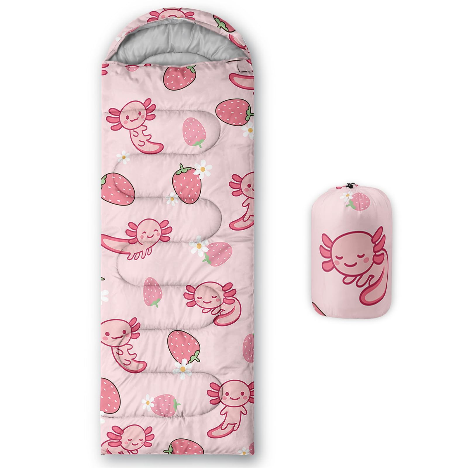 QOOMO Axolotl Strawberry sleeping bag at campsite, versatile for three-season use