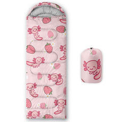 QOOMO Axolotl Strawberry sleeping bag at campsite, versatile for three-season use