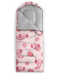 QOOMO Axolotl Strawberry sleeping bag front view shows compact silhouette