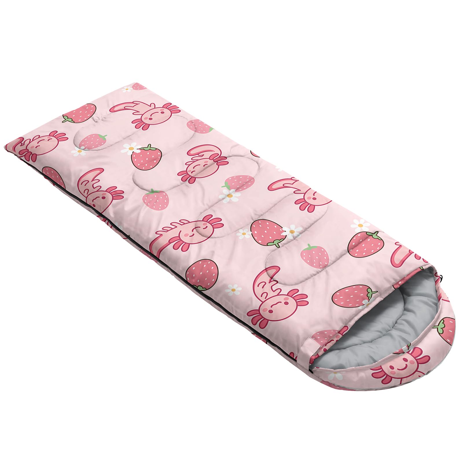 QOOMO Axolotl Strawberry sleeping bag with hood drawstring for warmth